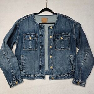 American Eagle Collarless Denim Jacket Medium Wash Button Front Blue Womens M